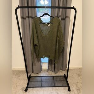 Wonderly Olive V-Neck Distressed Sweater